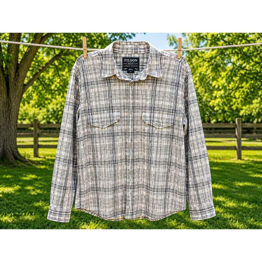 FILSON Men's Plaid Button Up Shirt Size Large Gray Outdoor Workwear